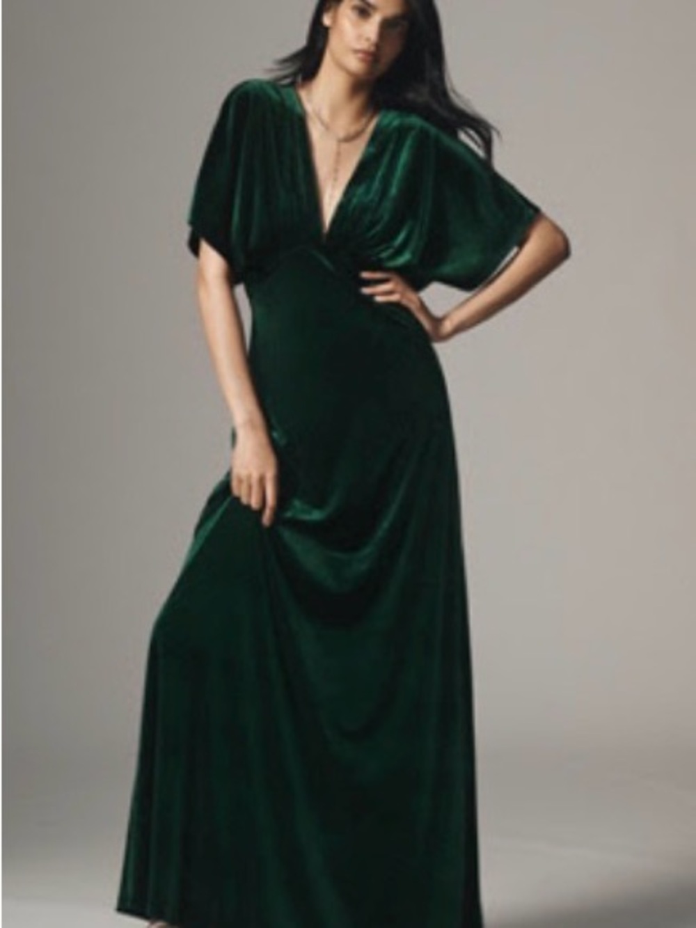 BHLDN Deep Green Velvet V-Neck Maxi Dress